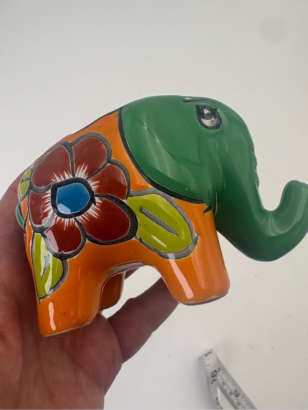 Hand-Painted Talevera Elephant Planter in Green & Orange
